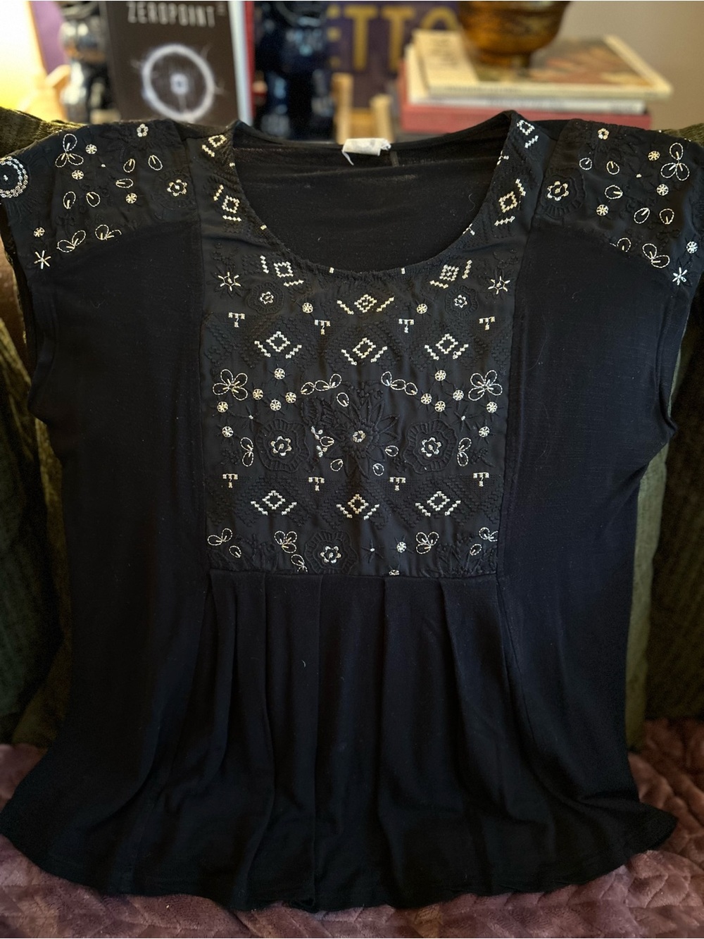 Black Embroidered Short Sleeve Tunic Top